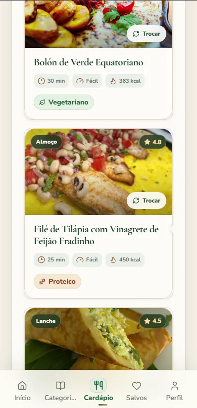 Cardápio semanal montado pelo Sazonal Chef com botão Trocar em cada prato