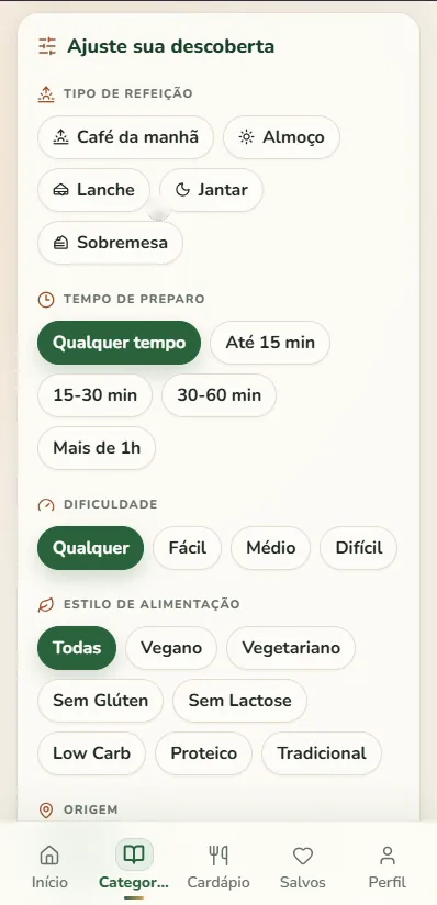 Filtros do acervo do Sazonal Chef por refeição, tempo, dificuldade e restrição