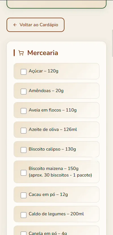 Lista de compras do Sazonal Chef separada por setor do mercado com quantidades somadas