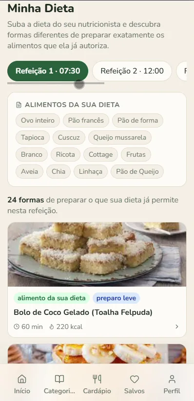 Tela Minha Dieta do Sazonal Chef com os alimentos lidos da dieta e receitas sugeridas
